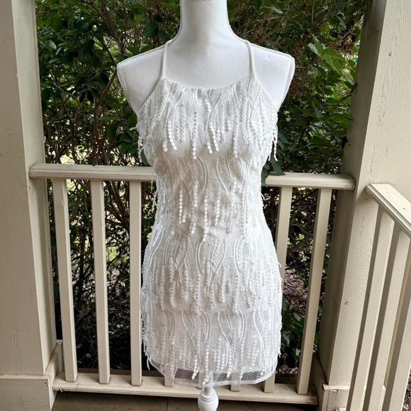 Lulus White Fringe Lace-up Back Mini Dress - Picture 1 of 4